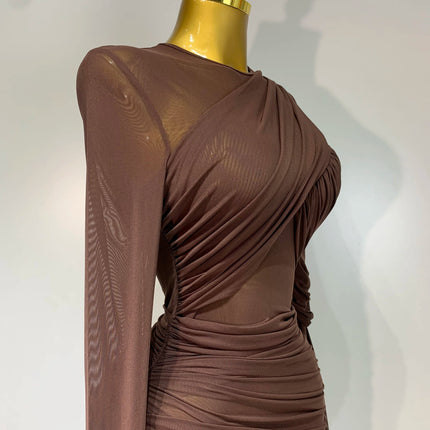 Ruched Mesh Draped Bodycon Maxi Dress Long Sleeve Illusion Evening Gown