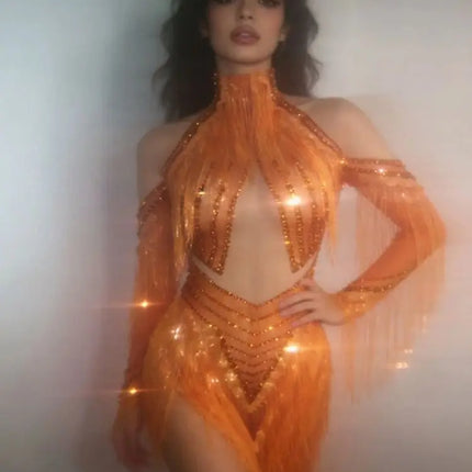 Orange Sparkly Crystal Fringe Bodysuit Off-Shoulder Stage Performance Costume Leotard