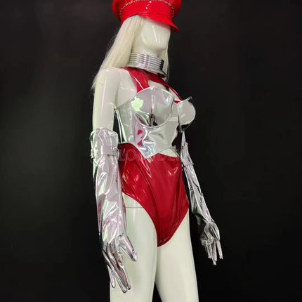 Crimson Red & Laser Silver Foil Bodysuit, Gloves & Beret Hat Stage Dance Costume Set