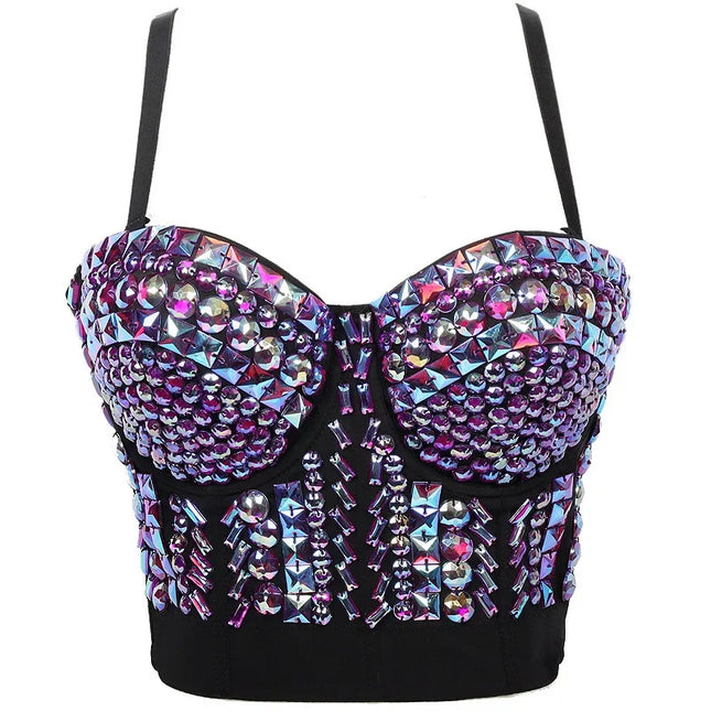 Sparkly Diamond Rhinestone Corset Top Showgirl Stage Performance Push-Up Bustier