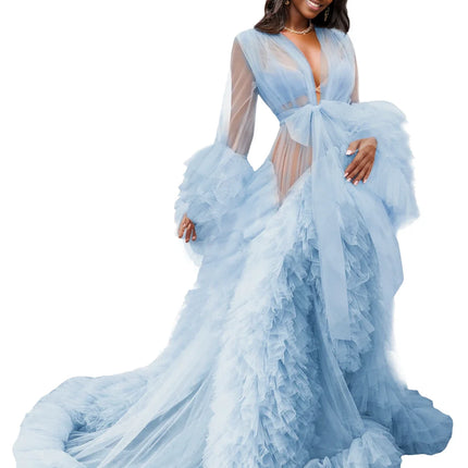 Voluminous Illusion Tulle Ruffle Long Robe Dressing Gown