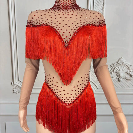 Sparkly Rhinestone Tassel Fringe Dance Performance Costume Stage Bodysuit
