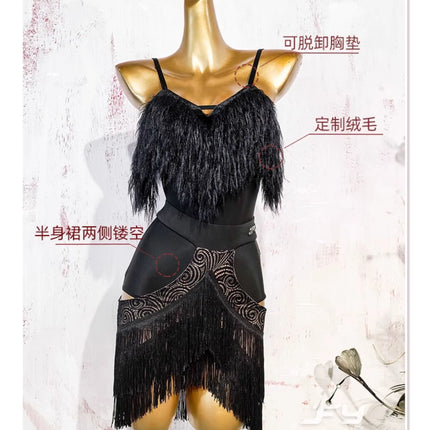 Black Fluffy Dance Leotard & Fringe Practice Skirt Latin Performance Costume Set