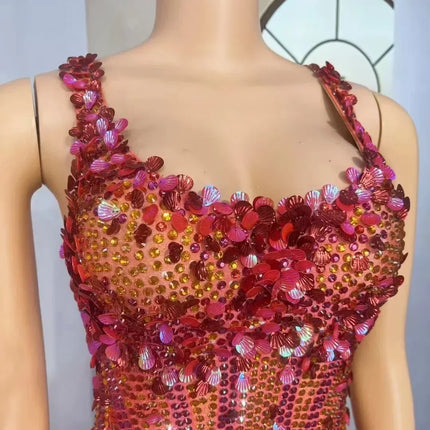 Crimson Sequin Strip & Crystal Rhinestone Bodysuit Illusion Mesh Sleeveless Leotard Stage Costume
