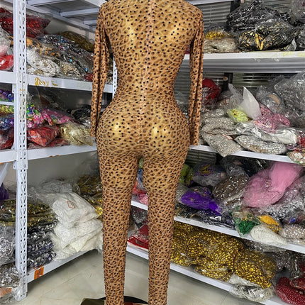 Leopard Print Rhinestone Catsuit Long Sleeve Stage Performance Jumpsuit