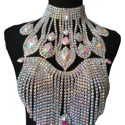 Long Rhinestone Tassel Fringe Crystal Drop Chocker Necklace Body Jewelry