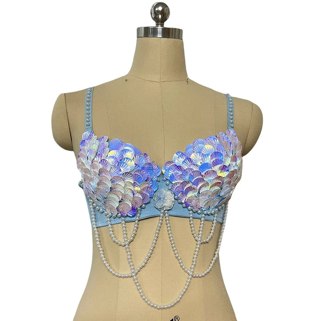 Handmade Mermaid Sequin Pearl Shell Belly Dance Bra Festival Rave Top