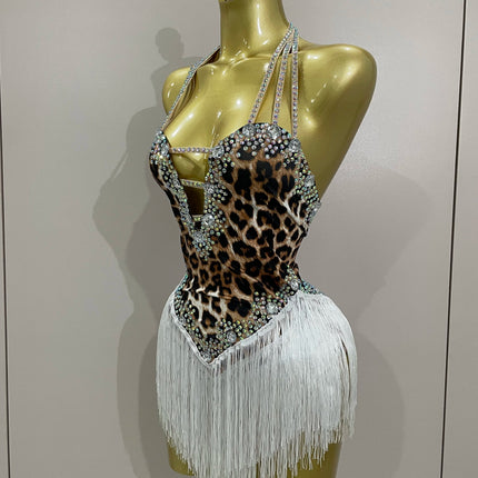 The Wildcat Stardust Tassel Bodysuit – Luxury Rhinestone Leopard Showgirl Costume