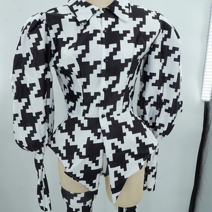 Houndstooth Geometric Print Bodysuit, Over-Knee Boots & Statement Hat 3-Piece Stage Costume Set