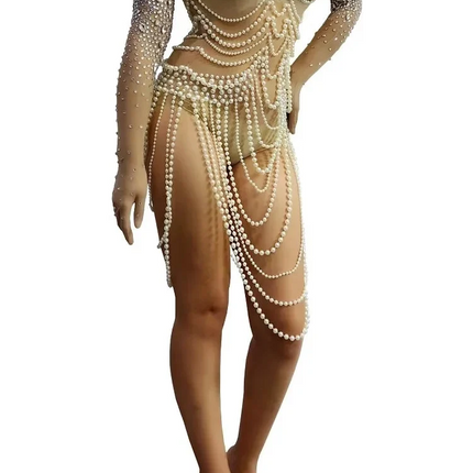 Diamond & Pearl Body Chain Illusion Catsuit Long-Sleeve Mesh Jumpsuit Stage Costume