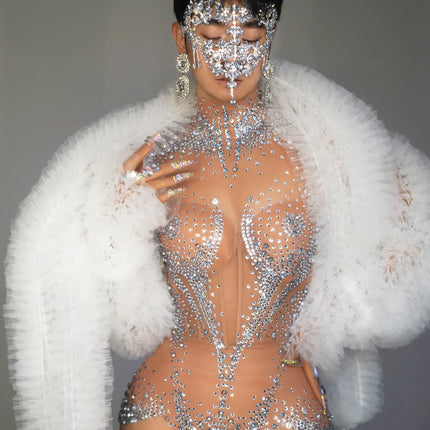 Crystal Mesh See-Through Pole Dance Leotard & Rhinestone Bodysuit Romper