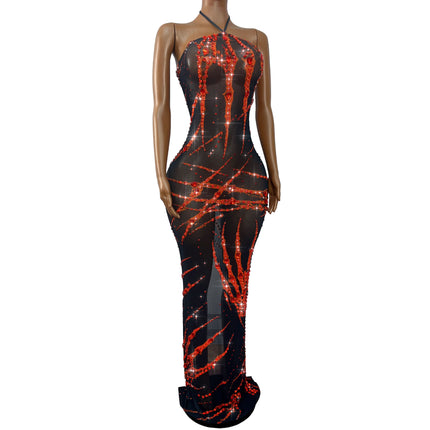 Crimson & Black Graphic Rhinestone Halter Maxi Gown Backless Illusion Evening Dress