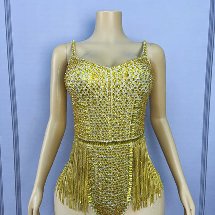 Gold Crystal Rhinestone Chain High-Cut Stage Performance Bodysuit Leotard