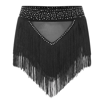 Rhinestone Tassel High-Waist Dance Shorts & Sheer Mesh Fringe Skirt