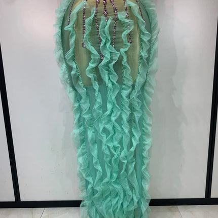 Mint Green Ombré Rhinestone Illusion Gown Tiered Ruffle Hem Maxi Stage Dress