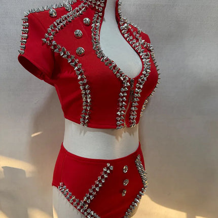 Sparkly Red Rhinestone Top & Shorts Set Gogo Showgirl Performance Outfit