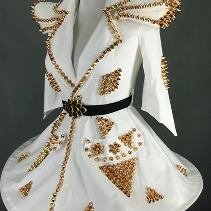 White Faux Leather Studded Stage Dress & Fluffy Skirt Pop Singer Costume Set