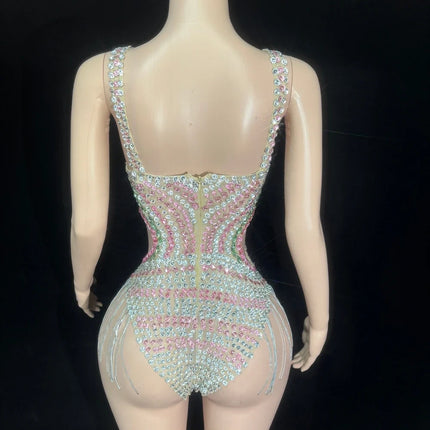 Sparkly Silver Rhinestone Tassel High-Cut Stage Bodysuit Dance Performance Leotard