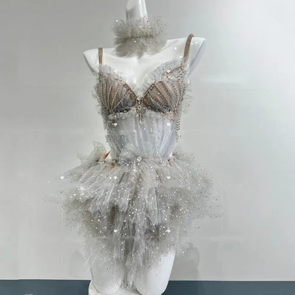 Sexy Nightclub Women Performance Stage Costume Shiny Rhinestones Mesh Bikini Bodysuit Dancer Pole Dancing Party Rave Outfit