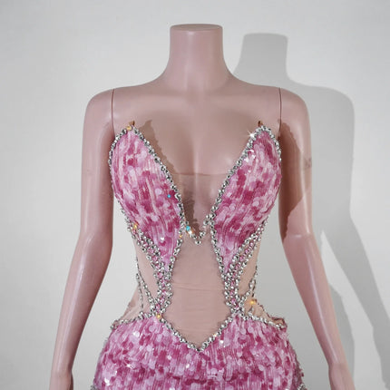 Sequin Beaded Tassels Mini Dress Crystals Mesh Bodycon Stage Performance Outfit