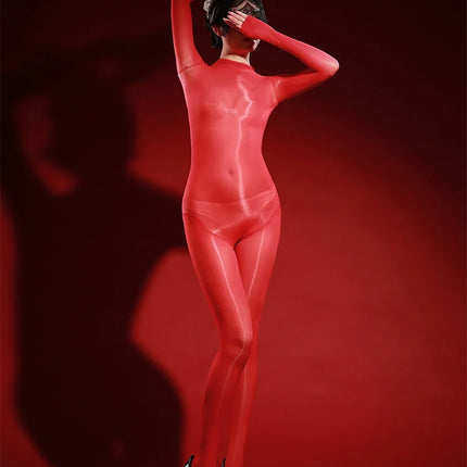 Oil Glossy High-Stretch Sheer Full-Length Bodysuit Thong Catsuit Jumpsuit