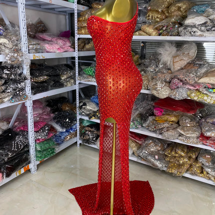 Crimson Red Rhinestone Sweetheart Slit Gown Floor-Length Trailing Evening Dress