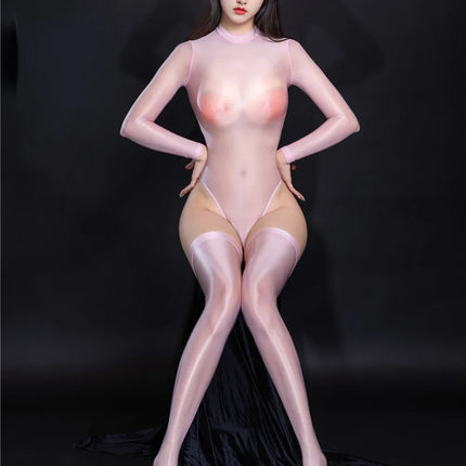 Oil Glossy High-Cut Open Crotch Shaping Bodysuit & Matching Stockings Set