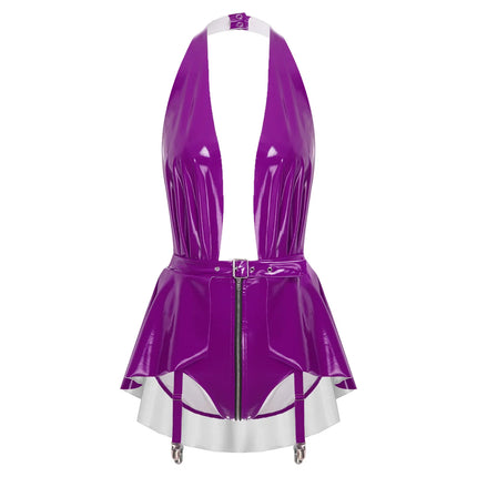 Glossy Wet-Look Halter Romper Bodysuit with Flared Skirt Hem & Integrated Garters