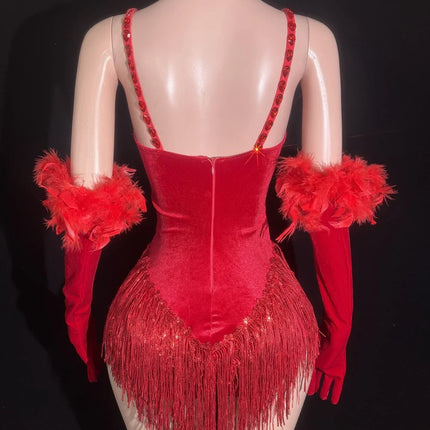 Sparkly Rhinestone & Sequin Tassel Bodysuit with Feathers & Gloves Costume Set