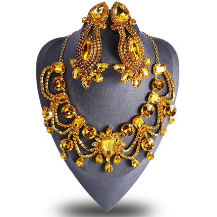 Amber Rhinestone Drop Tassel Necklace & Earring Set