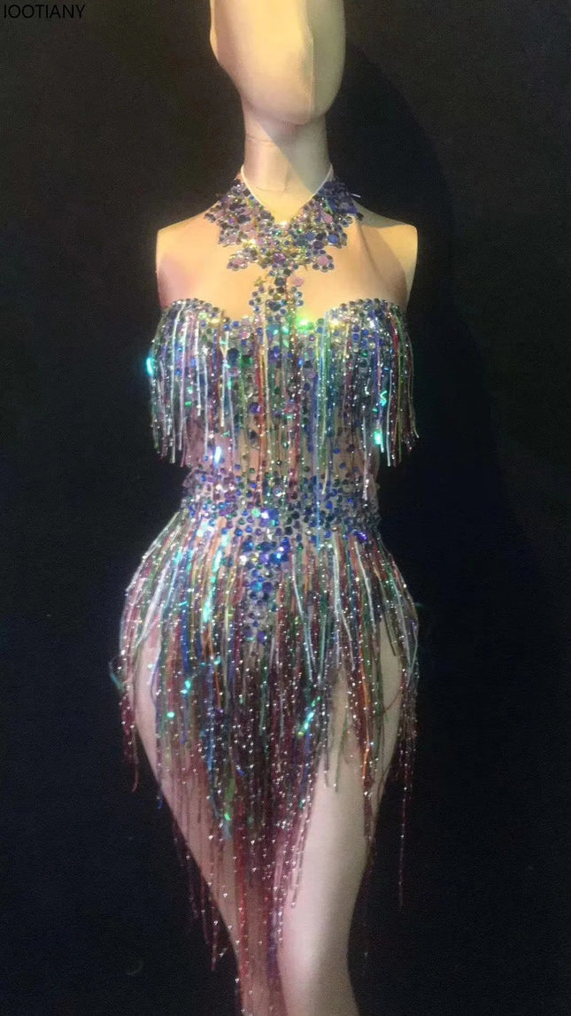 Women's Sexy Waist-Hollow Rhinestone & Colorful Tassel Stage Jumpsuit
