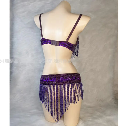 The Stardust Cabaret 2-Piece Ensemble – Luxury Sequin Fringe Bra & Belt Set