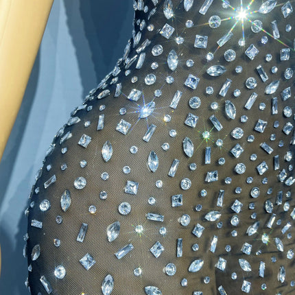 Silver Rhinestone Sheer Mesh Tube Evening Gown Stage Ball Dress