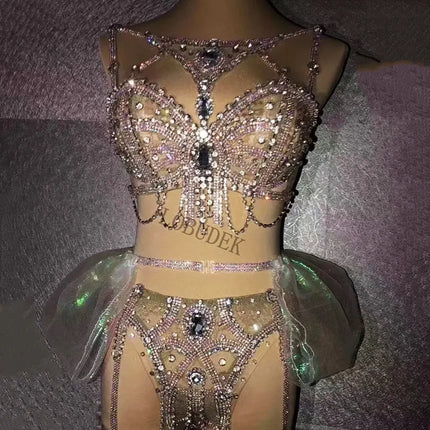 Sexy Nightclub DJ Pole Dance Bikini Costume Silver Rhinestones Rhinestones Chains Bra Shorts Skirt Rave Outfits Festival Clothes
