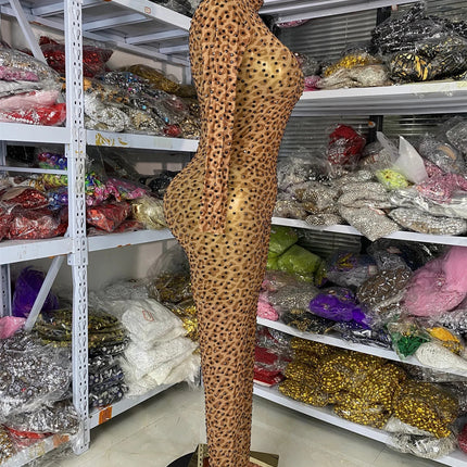 Leopard Print Rhinestone Catsuit Long Sleeve Stage Performance Jumpsuit