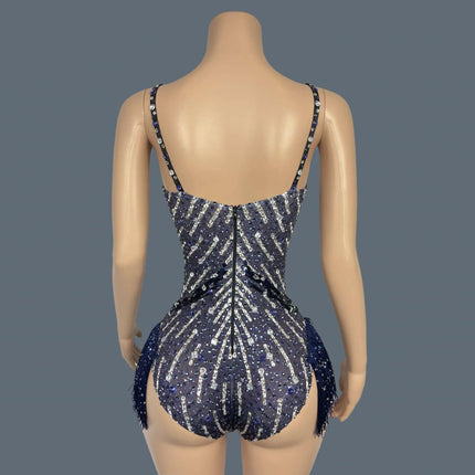 Sparkly Rhinestone Tassel Fringe Dance Leotard Nightclub Stage Performance Bodysuit