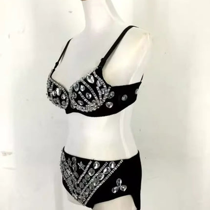 Rhinestone Bikini Bra & High-Waist Shorts 2-Piece Performance Costume Set
