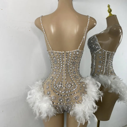 The Stardust Follies Feather Bodysuit – Luxury Rhinestone & Mesh Showgirl Costume