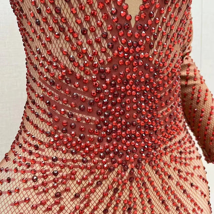 Crimson Red Rhinestone Catsuit Long Sleeve Illusion Stage Performance Jumpsuit