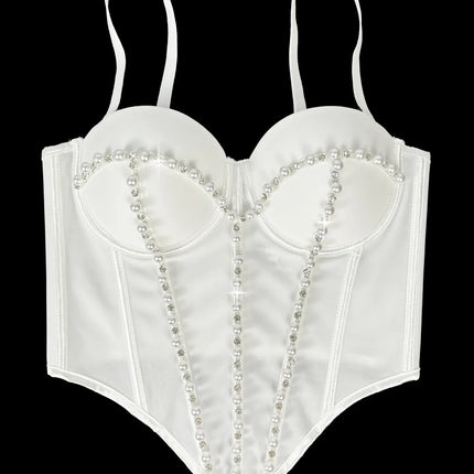 Pearl Embroidered Bustier Corset Crop Top High Street Evening Bralette