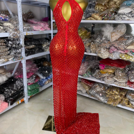 Crimson Red Rhinestone Sweetheart Slit Gown Floor-Length Trailing Evening Dress
