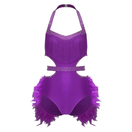 Glittery Rhinestone & Faux Feather Latin Dance Leotard Halter Bodysuit