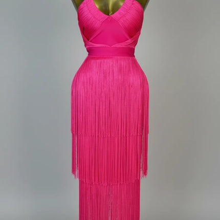 Hot Pink Asymmetrical Fringe Bandage Midi Dress & One-Shoulder Gala Party Dress