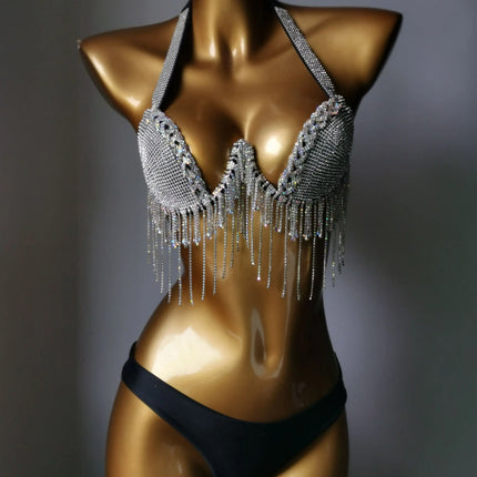 High-Fashion Crystal Mesh Bikini Set – Dazzling Rhinestone Bling Swimsuit & Showgirl Swimwear for Stage Performances & Raves