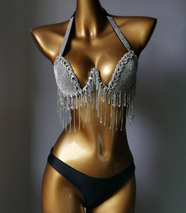 High-Fashion Crystal Mesh Bikini Set – Dazzling Rhinestone Bling Swimsuit & Showgirl Swimwear for Stage Performances & Raves
