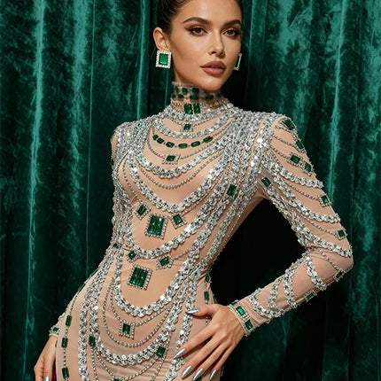 Sparkly Rhinestone, Sequin & Pearl Sheer Illusion Performance Dress Stage Costume