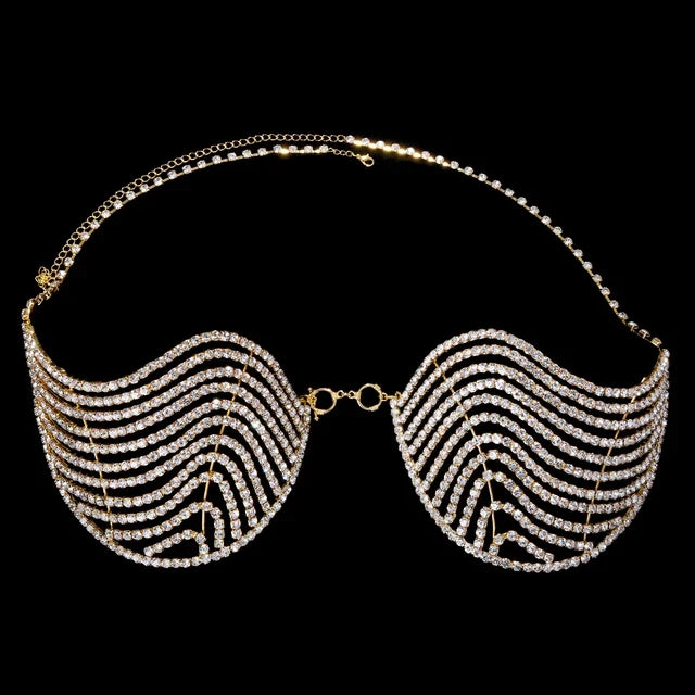 Luxury Crystal Swirl Micro Bikini Body Chain – Shimmering Rhinestone Tassel Bra & Exotic Chest Harness for Festivals, Raves & Clubwear
