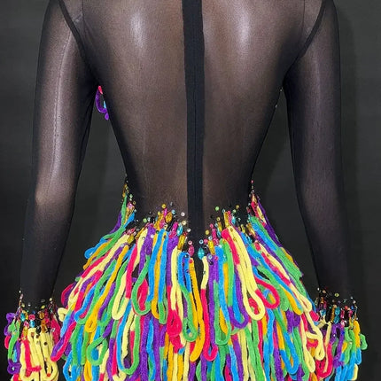 Rainbow Crystal Rhinestone Bodysuit Cascading Fringe Tassel Long-Sleeve Stage Costume