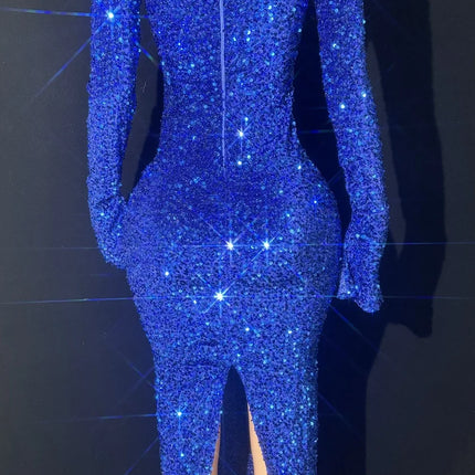 Sparkly Rhinestone Deep V-Neck Sheer Evening Gown Stage Performance Costume