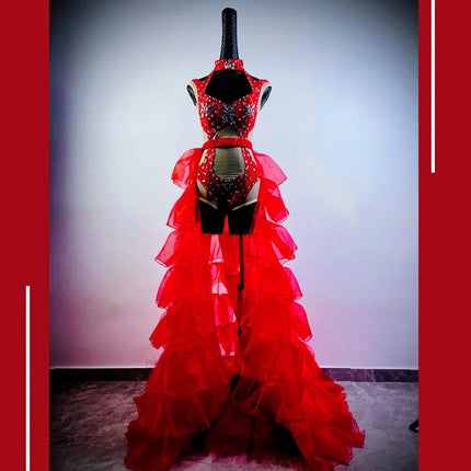 Hollow-Out Rhinestone Bodysuit & Feathered Layered Skirt Carnival Costume Set